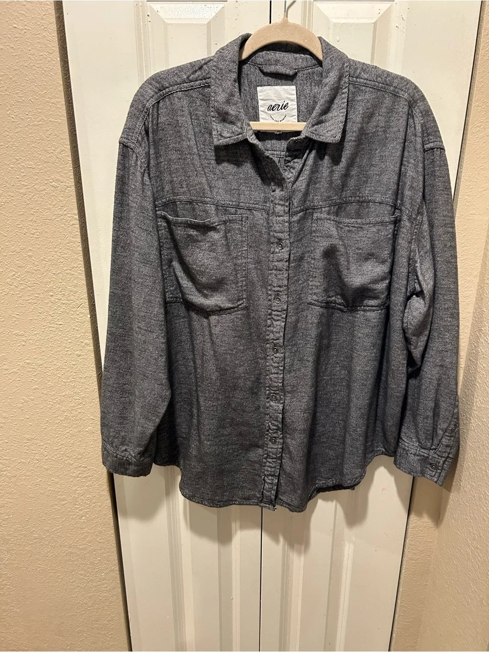 Aerie Anytime Fave Twill Cotton Shirt Smocked Gray , M